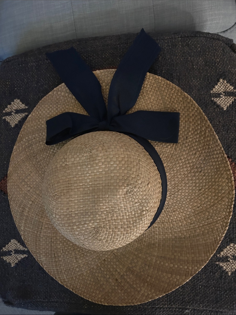 Straw Sun Hat with Navy blue Ribbon Bow